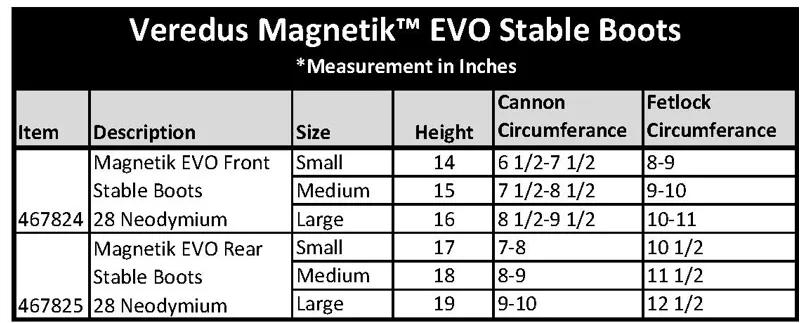 Veredus Stable Boot Size Guide